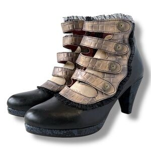 Italmoda Black, Tan, Blue Victorian Heeled Boots with Straps and Lace Trim